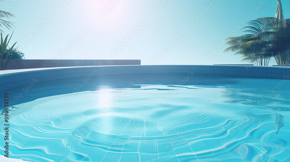 Empty swimming pool in tropical resort in summer background. Generative AI illustration
