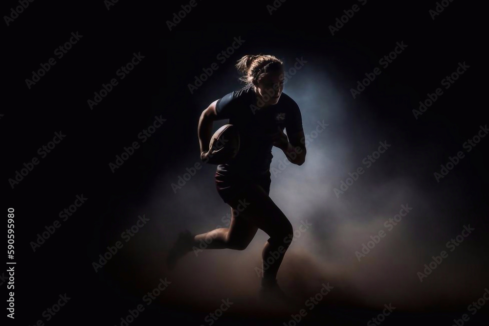 Silhouette of a Woman Rugby Player Running with the Rugby Ball with Backlight, Generative AI