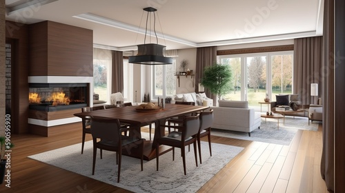 Cozy Scandinavian style house interior with raw wooden details, generative AI © Hdi