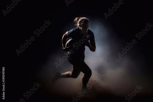 Silhouette of a Woman Rugby Player Running with the Rugby Ball with Backlight, Generative AI © Robert Wilson