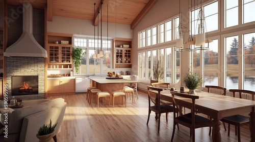 Scandinavian style family house interior with raw wooden details, generative AI