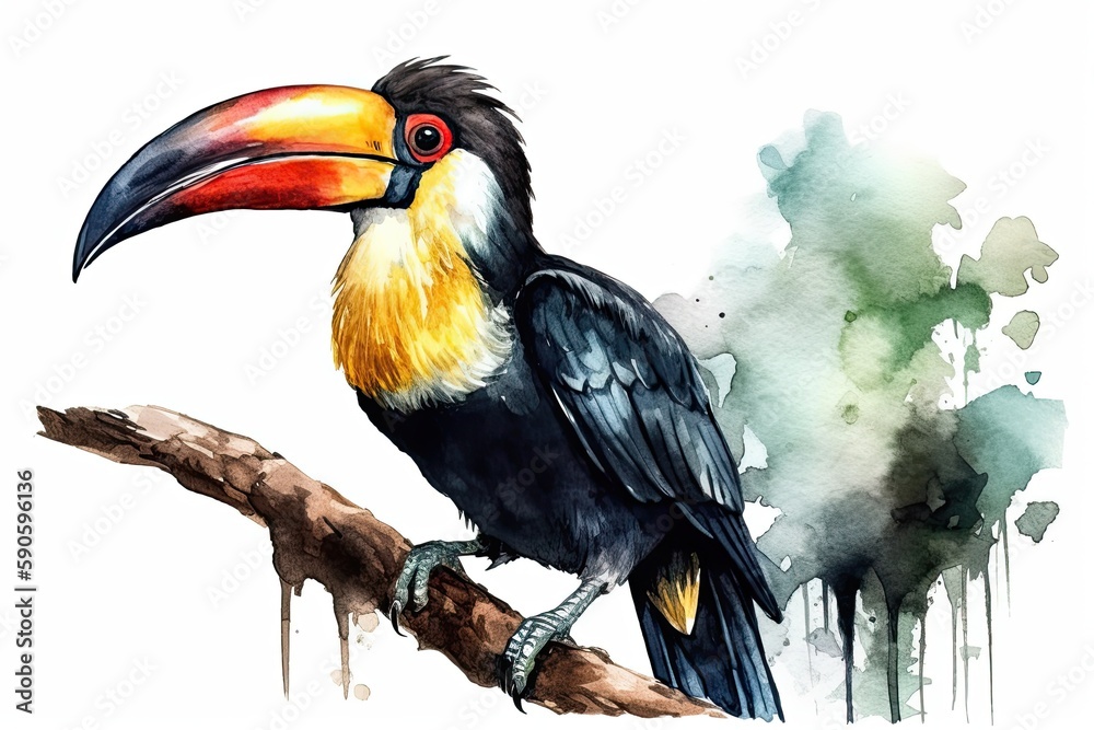 Fototapeta premium colorful toucan perched on a tree branch in a tropical setting. Generative AI