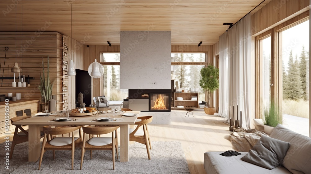 Cozy Scandinavian family house interior with fireplace , generative AI Cozy Scandinavian family house interior with fireplace , generative AI