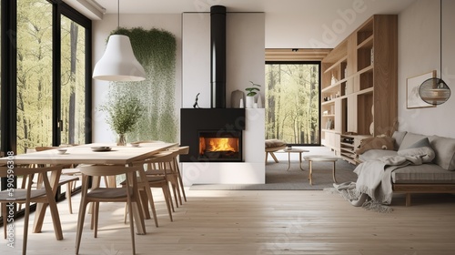 Scandinavian style family house interior with raw wooden details, generative AI photo