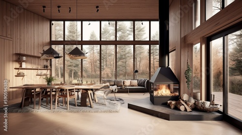Spacious scandinavian and japandi house interior with fireplace , generative AI