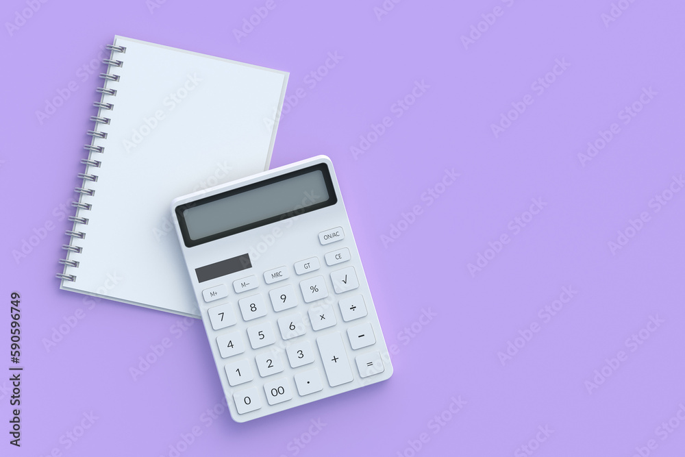 Calculator and blank paper notebook. Back to school concept. Office supplies. Financial crisis. Home, family budget. Higher education. Top view. Copy space. 3d render Calculator and blank paper notebook. Back to school concept. Office supplies. Financial crisis. Home, family budget. Higher education. Top view. Copy space. 3d render