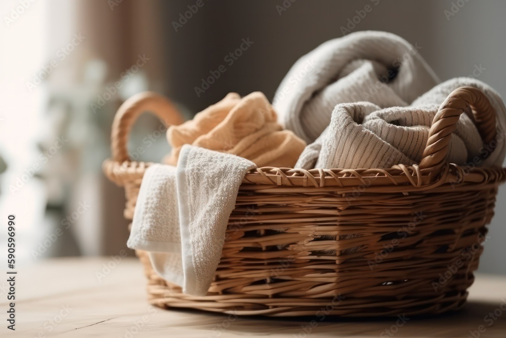 Wicker basket with washed dry linen close-up. Washday. Generative AI Wicker basket with washed dry linen close-up. Washday. Generative AI