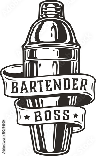 Bartender cocktail shaker with ribbon for bartending. Chromed metal boston shaker for barman of cocktail bar.