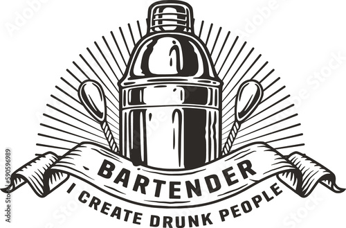 Bartender cocktail shaker with ribbon for bartending. Chromed metal boston shaker for barman of cocktail bar.