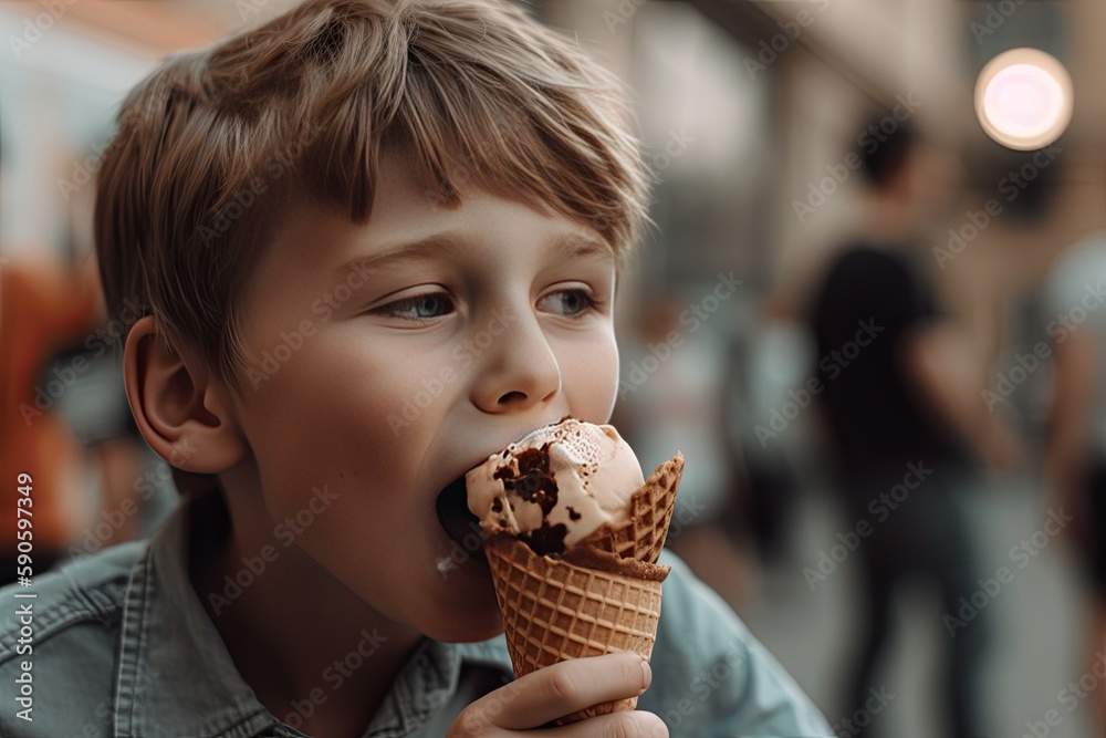 Cute Boy Eating an Ice Cream Cone (Generative AI) Stock Illustration ...