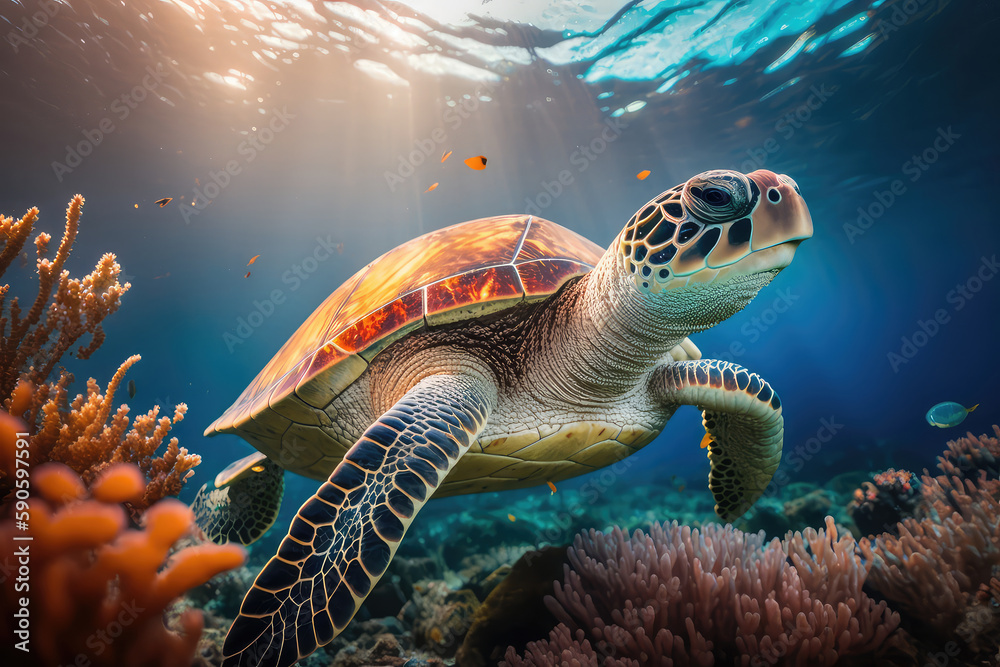 Fototapeta premium Image for 3d water floor. Underwater world. Turtle. corals. (ai generated)
