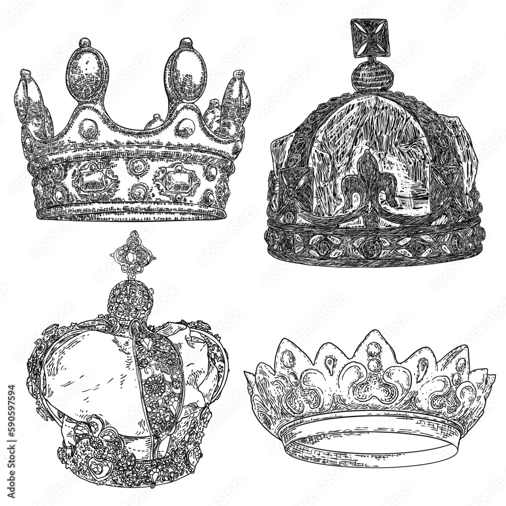 Vetor de Set of King or Queen crowns. Monarch coronations with