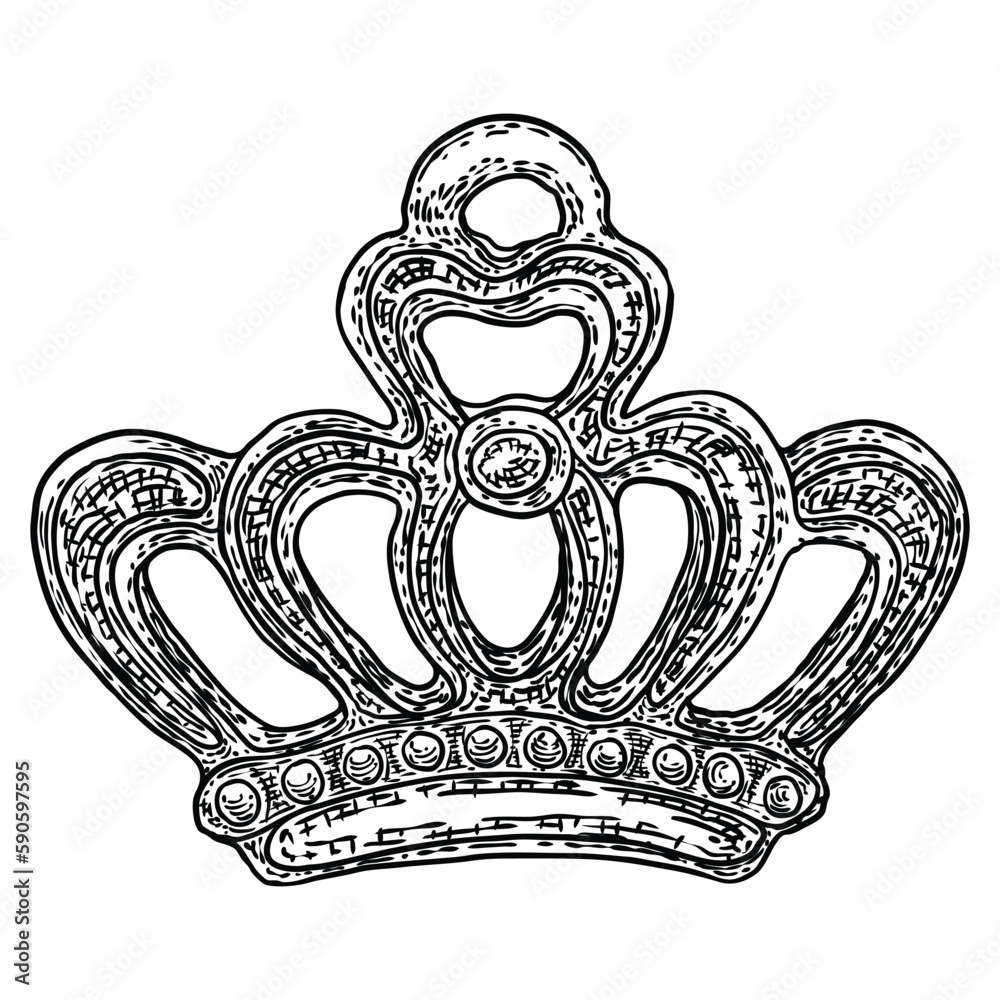 High detailed etching drawing of crown with jewels. King coronation