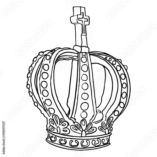Crown headdress for king and queen. Royal noble aristocrat monarchy jewel crown. Monarch jewels royalty luxury coronation treasure symbol. Hand drawing vector.