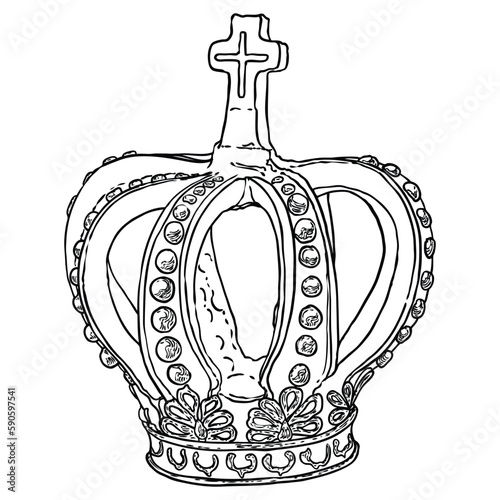 King or Queen crown.  Monarch coronations with Coronet Jewel represent United Kingdom constitutional responsible government and sovereignty or authority of the monarch. State Crown made of gold.