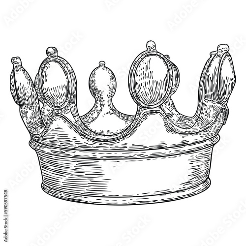 King or Queen crown on in vintage etching style. Coronation headdress for king and queen. Royal noble aristocrat monarchy jewel crown. Monarch jewels treasure symbol. Hand drawing vector.