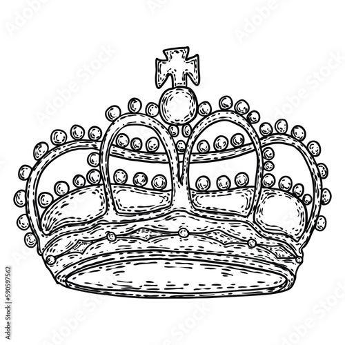 King or Queen crown.  Monarch coronations with Coronet Jewel represent United Kingdom constitutional responsible government and sovereignty or authority of the monarch. State Crown made of gold.