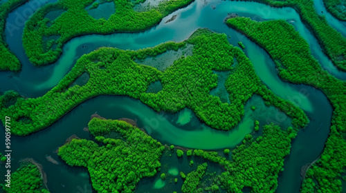 Fototapeta Naklejka Na Ścianę i Meble -  nature and mountain rivers, aerial photography , sgenetically generated by a neural network