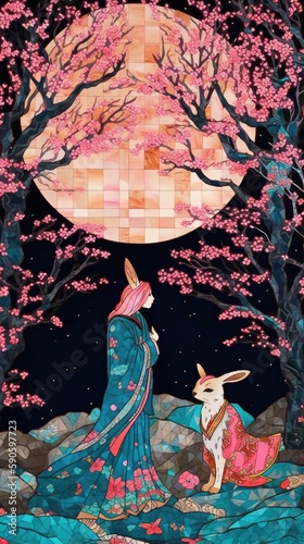 Serene Girl and Rabbit, Full Moon, Cherry Blossom Tree, Japanese Inspired Illustration. Generative AI