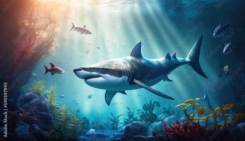 Obraz premium Animals of the underwater sea world. Ecosystem. Colorful tropical shark. Life in the coral reef. (ai generated)