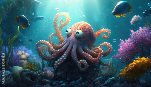 Image for 3d floor. Underwater world. Cartoons Octopus. corals. (ai generated)