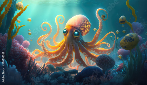 Image cartoon for 3d floor. Underwater world. Cartoons Octopus. corals. (ai generated)