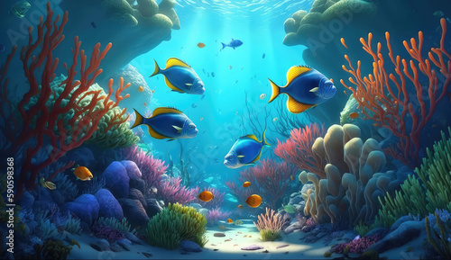 Cartoon Animals of the underwater sea world. Ecosystem. Colorful tropical fish. Life in the coral reef.  ai generated 