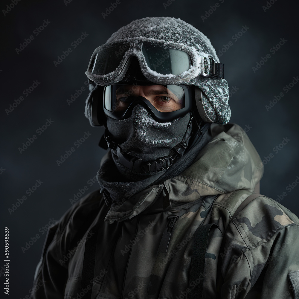 Portrait of a Male Special Forces Soldier in Grey Winter Uniform: Studio Shot on dark Background. Ai Generative. Portrait of a Male Special Forces Soldier in Grey Winter Uniform: Studio Shot on dark Background. Ai Generative.