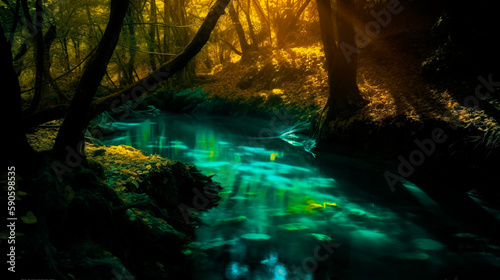 A beautiful blue creek in the woods  dark yellow and light emerald  enchanting lighting  