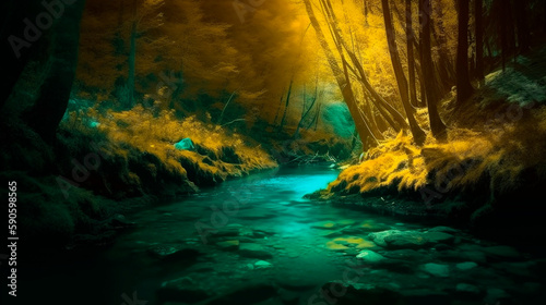 A beautiful blue creek in the woods, dark yellow and light emerald, enchanting lighting, 