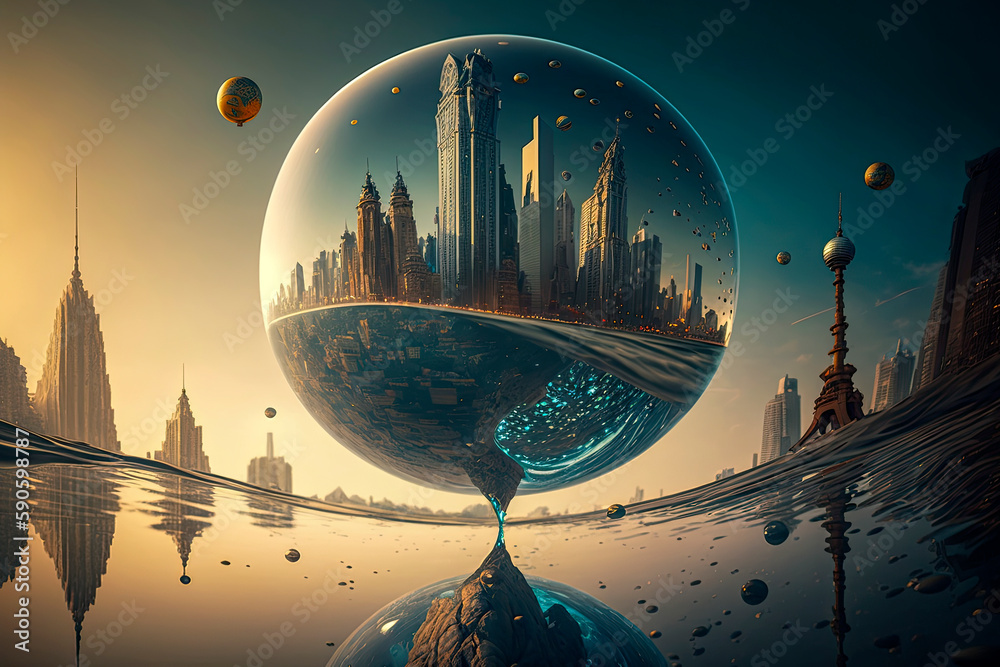 Generative AI illustration of futuristic sci-fi humanoid city on an ...