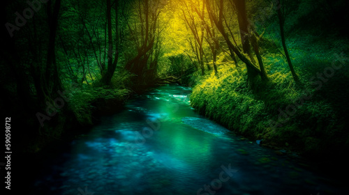 A beautiful blue creek in the woods, dark yellow and light emerald, enchanting lighting, © Yuriy Maslov