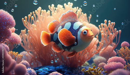 Fototapeta Naklejka Na Ścianę i Meble -  Animals cartoon of the underwater sea world. Ecosystem. Colorful tropical orange fish. Life in the coral reef. (ai generated)