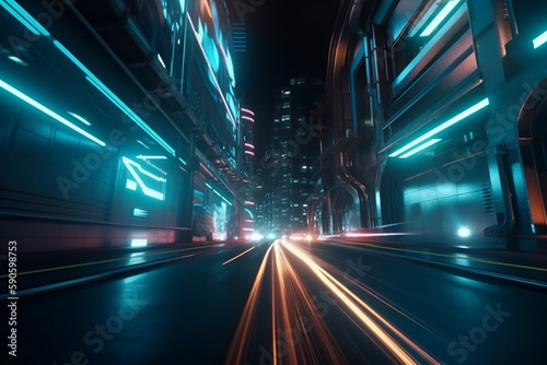 Speed Motion Blur Effect And Racing Circuit Illuminated By Neon Light In The Futuristic City, Made Using Generative Ai