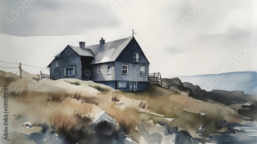 Old house landscape, Norwegian nature, watercolor drawing