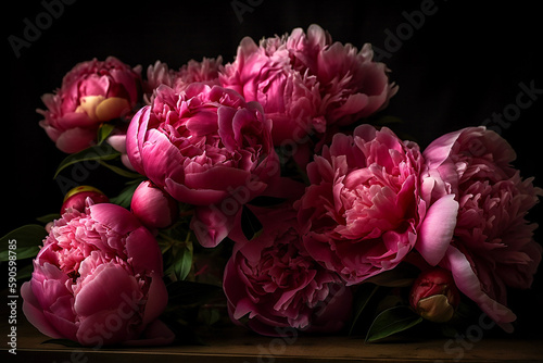 bouquet with pink peonies on a black background, generative ai