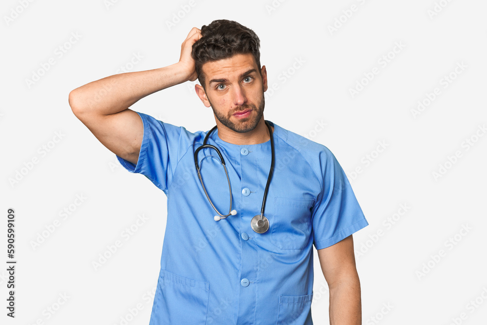 Young nurse man being shocked, she has remembered important meeting. Young nurse man being shocked, she has remembered important meeting.