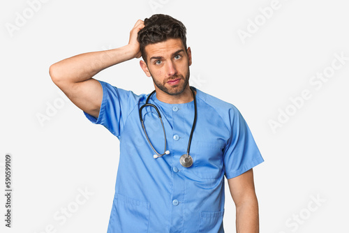 Young nurse man being shocked, she has remembered important meeting.