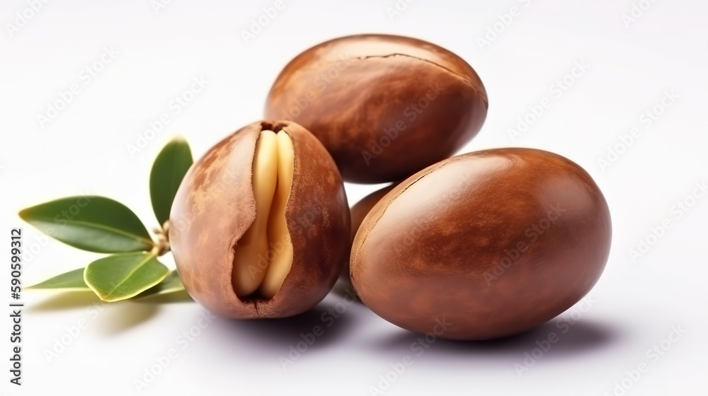 Argan oil nuts with plant. Cosmetics and natural oils background. Generative Ai Argan oil nuts with plant. Cosmetics and natural oils background. Generative Ai