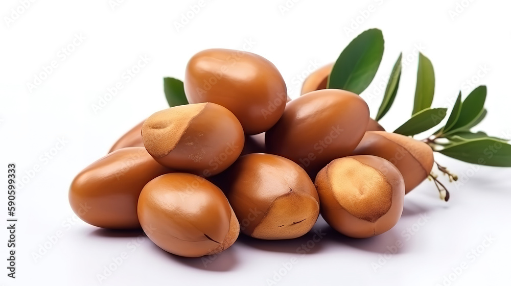 Argan oil nuts with plant. Cosmetics and natural oils background. Generative Ai Argan oil nuts with plant. Cosmetics and natural oils background. Generative Ai
