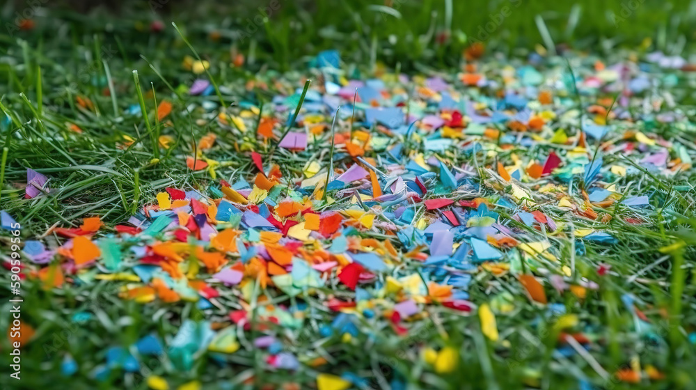 Plastic confetti on the grass. Environmental pollution. Generative Ai