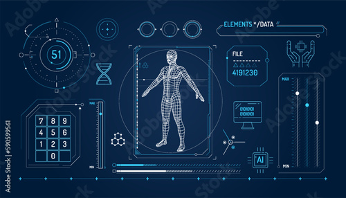Set of infographic elements about DNA research and digital technologies.