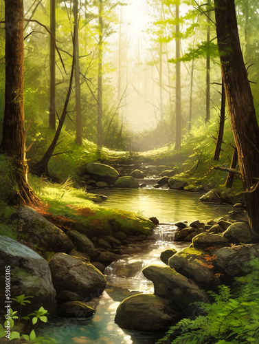 Serene Forest Stream with Beautiful Light - generative ai
