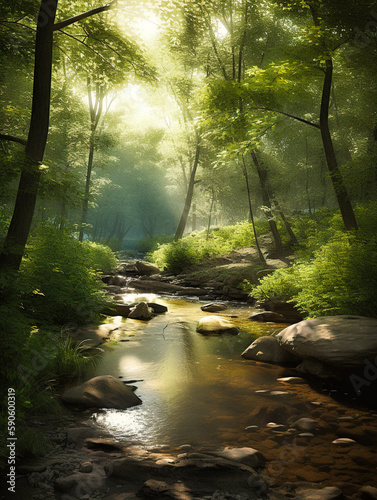 Serene Forest Stream with Beautiful Light - generative ai © Uolir
