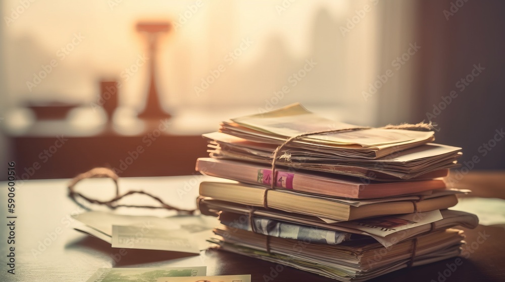 Φωτογραφία a stack of books sitting on top of a table next to a pair of glasses on top of a table next to a book with a magnifying glass