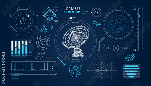 Set of infographic elements about radio astronomy and space observation.