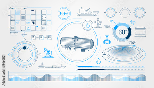 Set of infographic elements about oil storage and transportation.