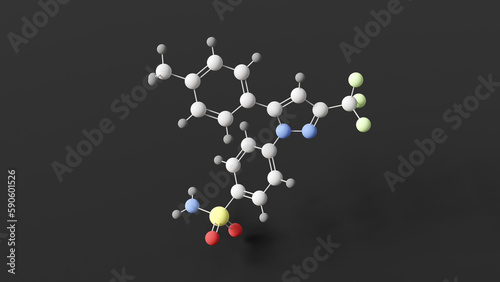 celecoxib molecule, molecular structure, cox-2 inhibitors, ball and stick 3d model, structural chemical formula with colored atoms