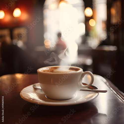 A steaming cup of coffee in a cozy caf   setting