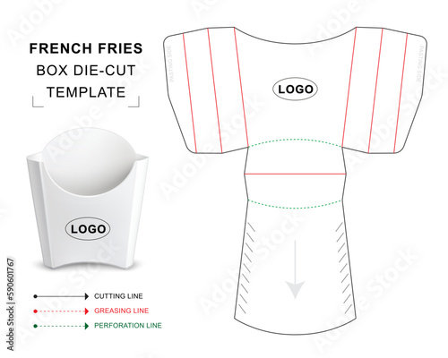 French fries box die cut template with 3D blank vector mockup for food packaging